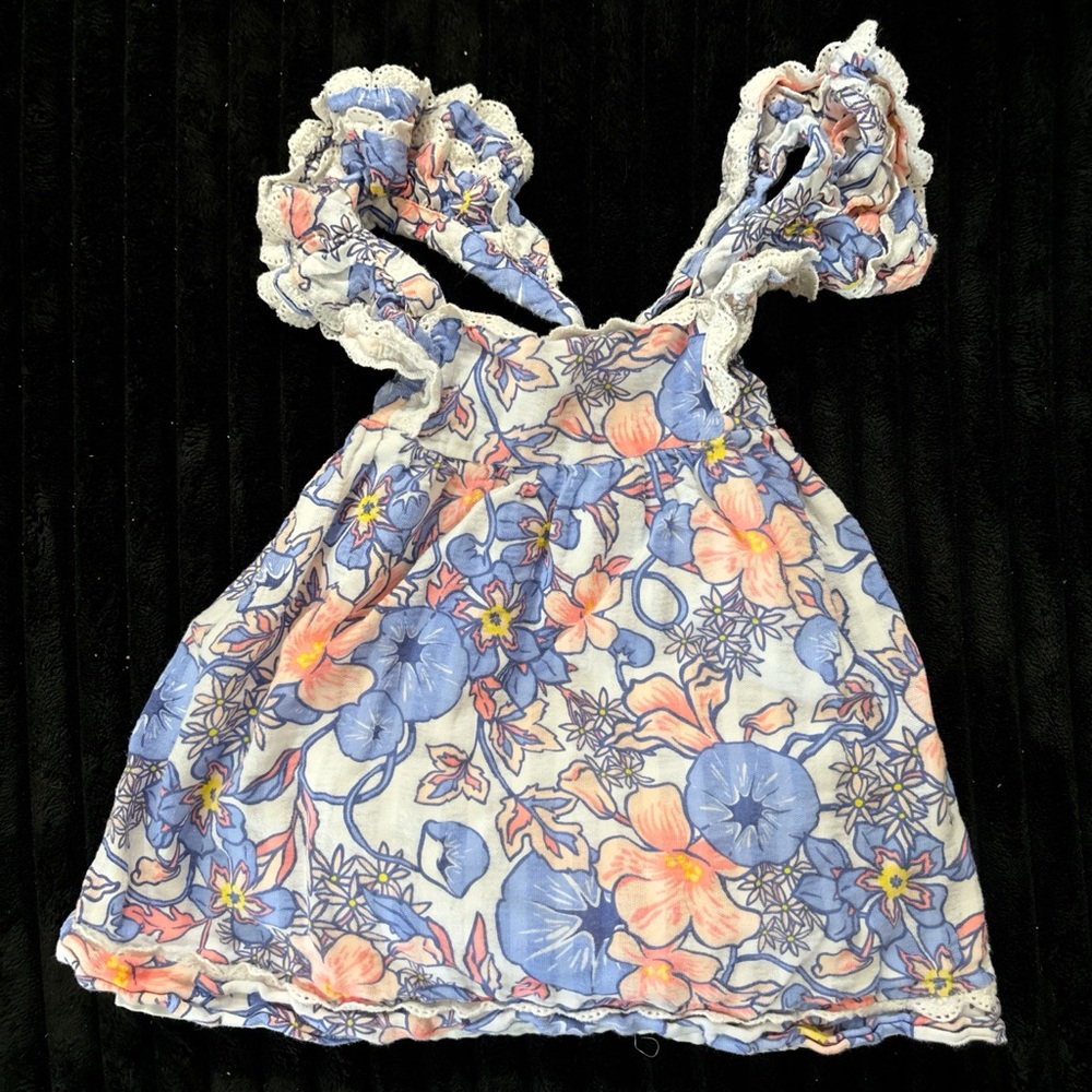 Blue and Pink Floral Ruffled Strap Kids Dress